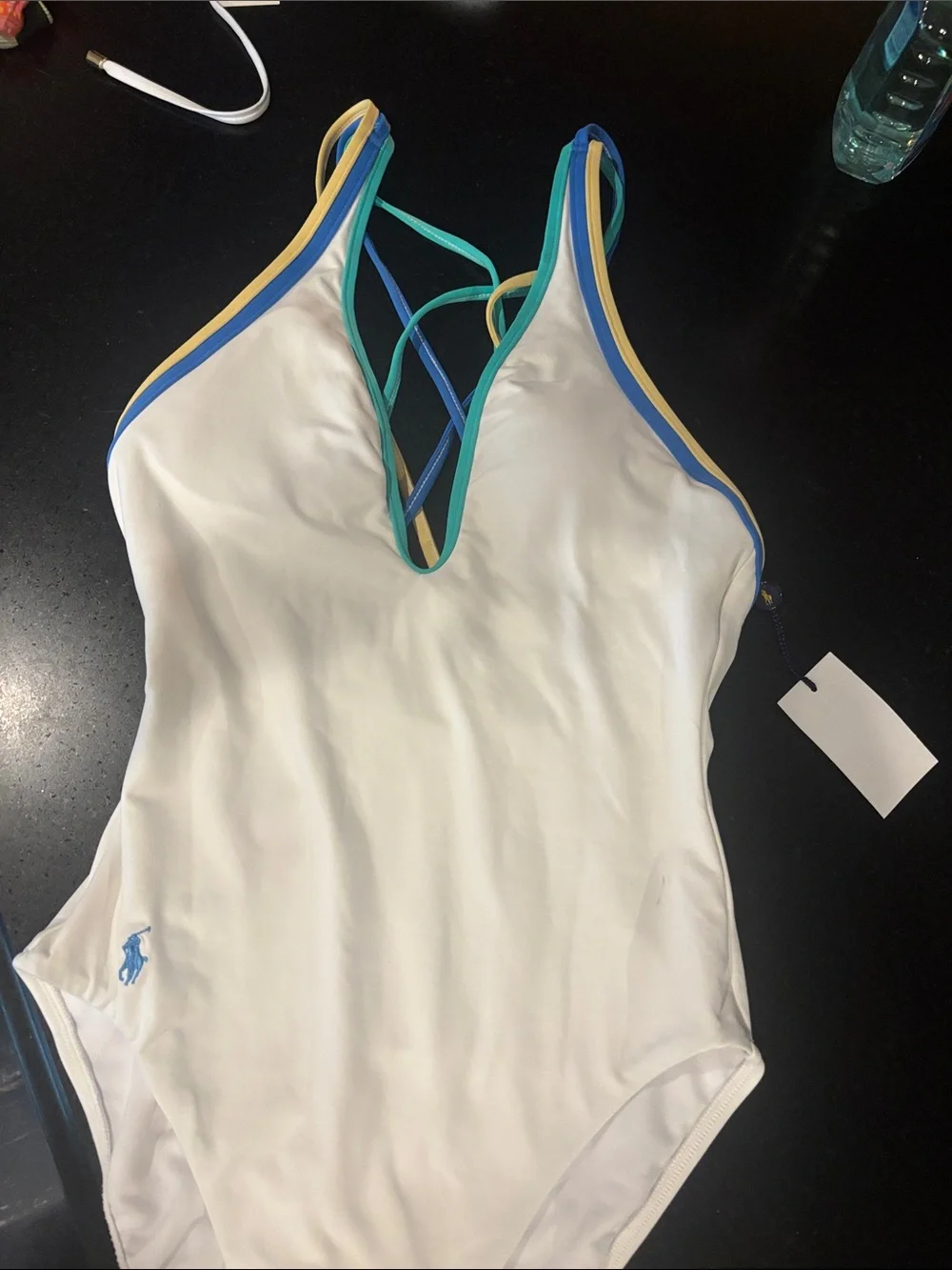 Ralph Lauren White One-Piece Swimsuit with Blue, Teal and Yellow Trim
